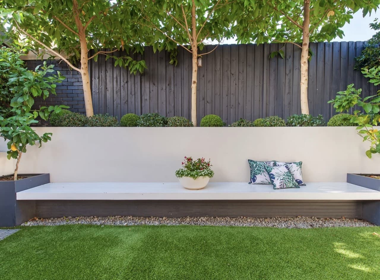 KBLCO outdoor renovation, Sydney. Patio with built-in bench seating.