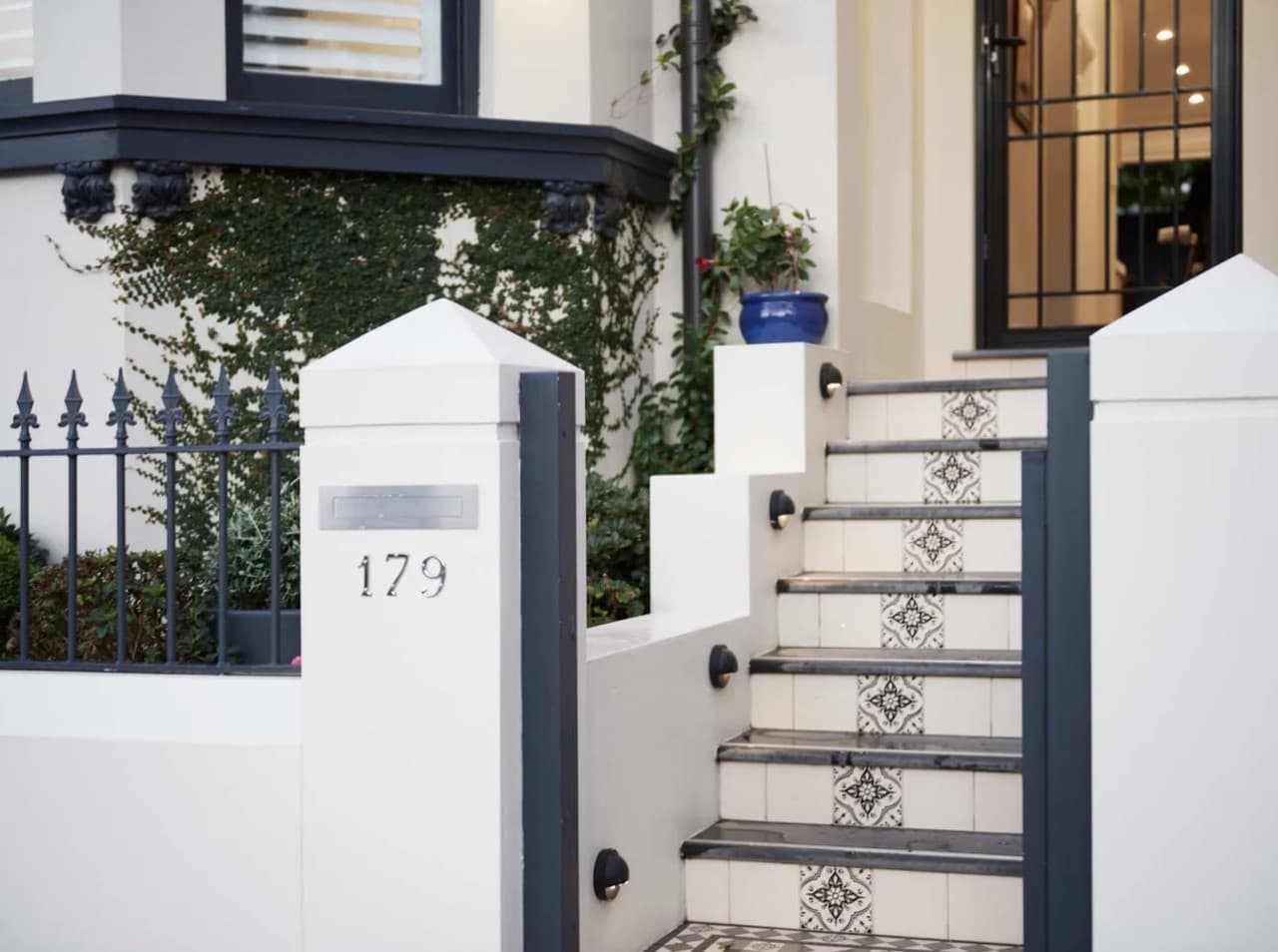 KBLCO outdoor renovation, Sydney. Patterned tiled steps at the front gate.