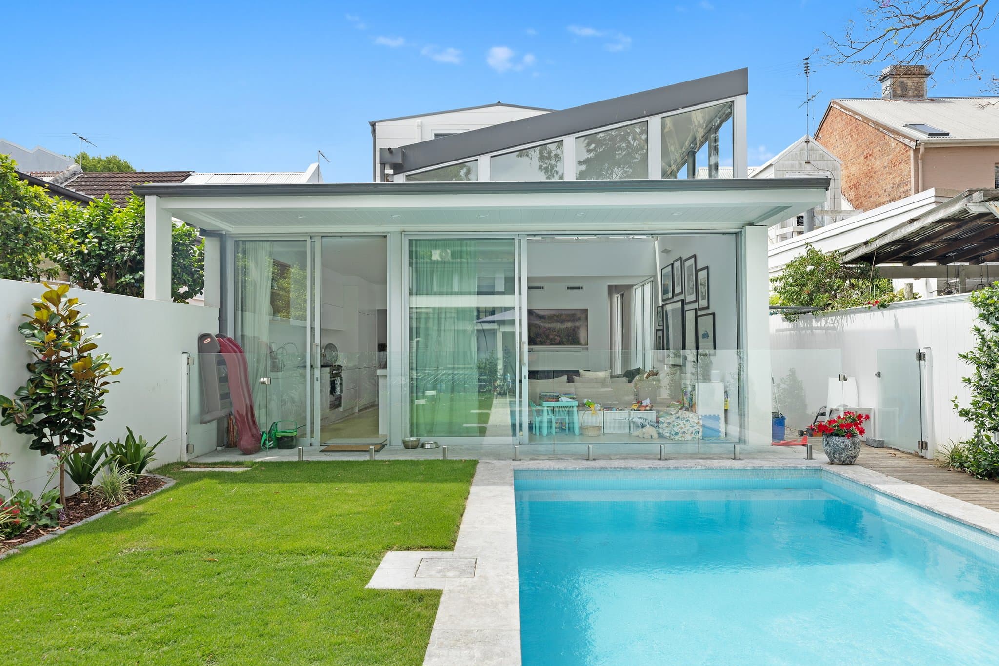 KBLCO outdoor renovation, Sydney. Pool terrace with a glazed garden pavilion.