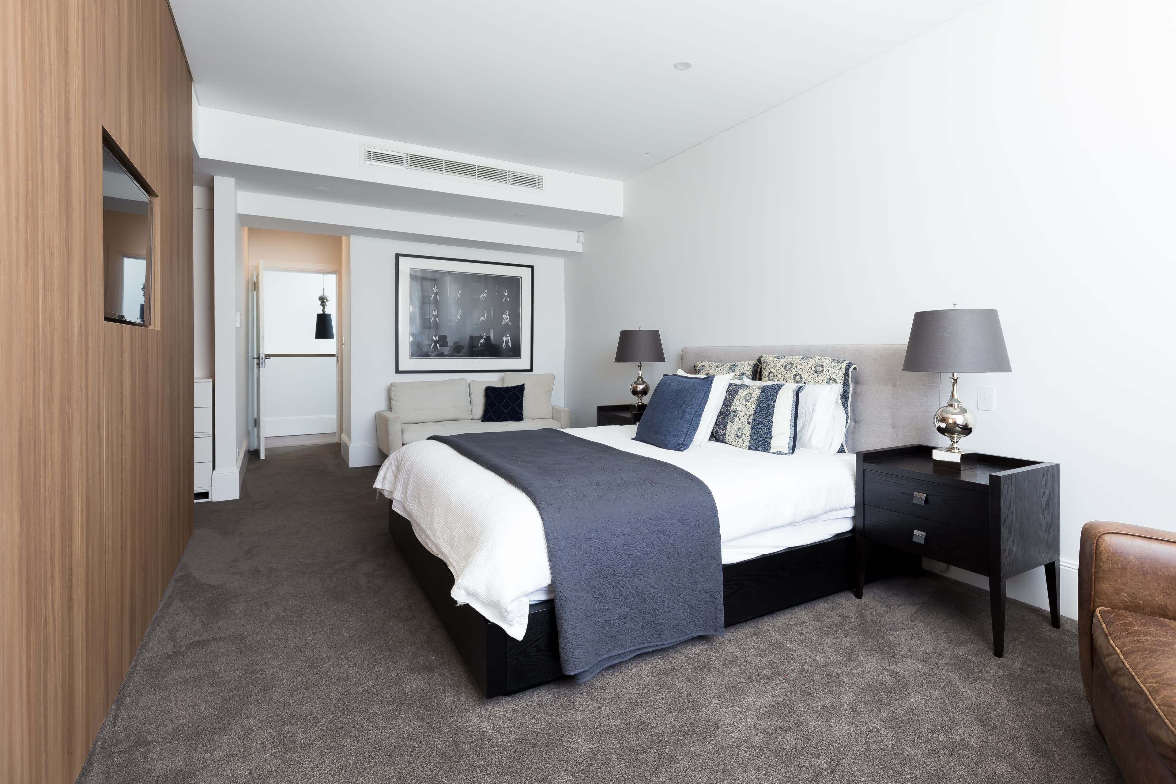 KBLCO bedroom renovation, Sydney. Built-in headboard and bedside joinery.