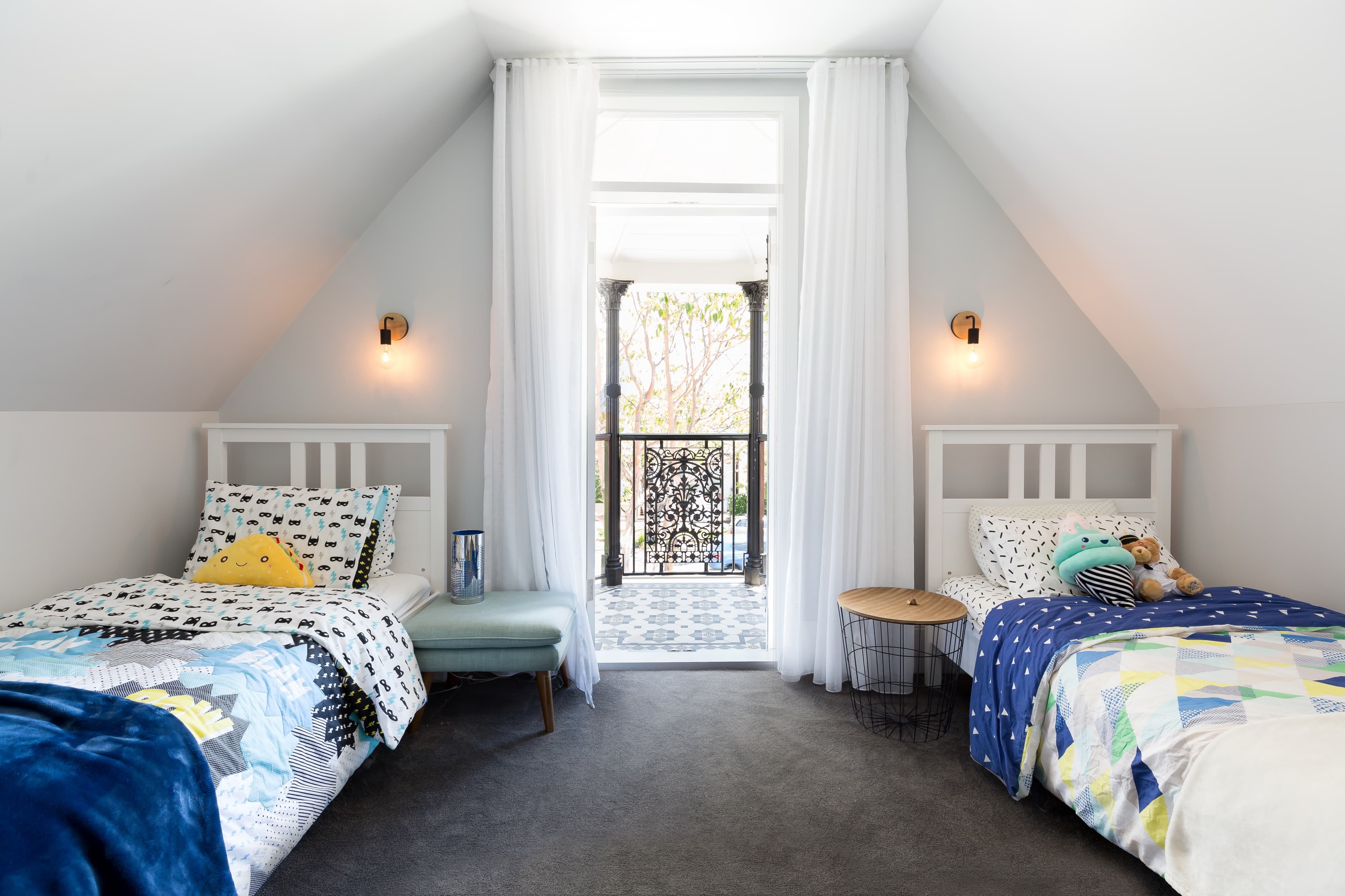 KBLCO bedroom renovation, Sydney. Soft natural light through raked skylights.