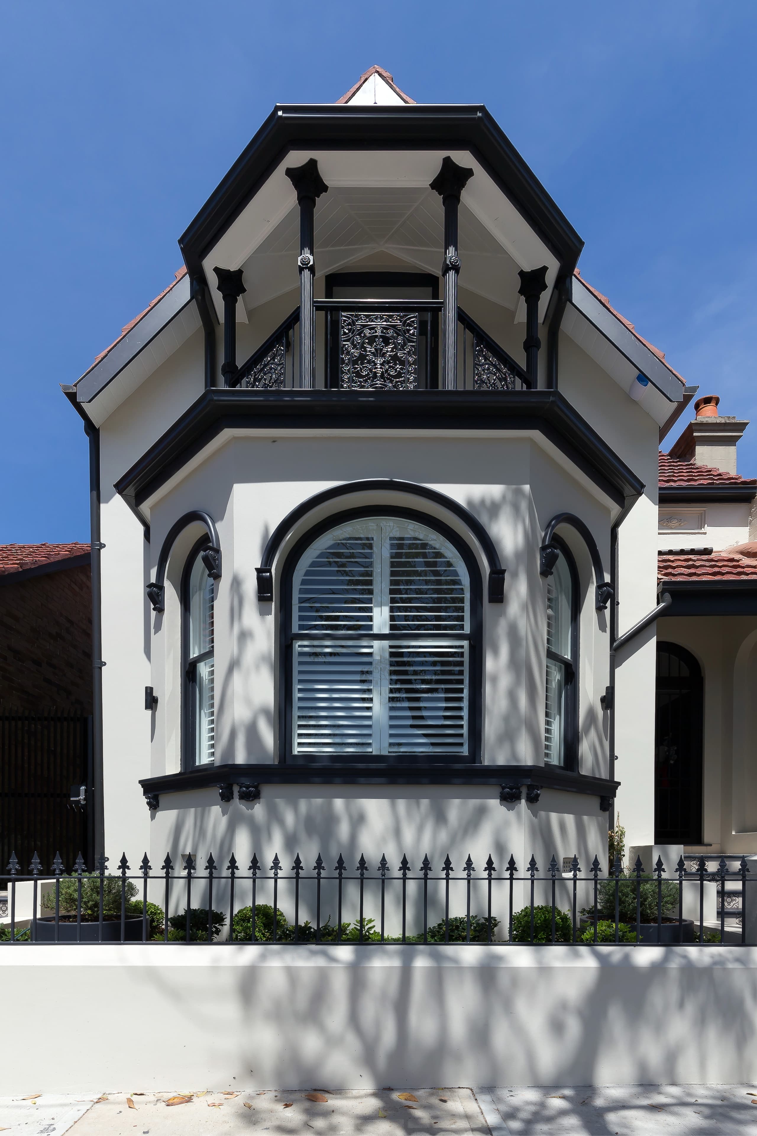 KBLCO outdoor renovation, Sydney. Heritage facade with a corner turret.