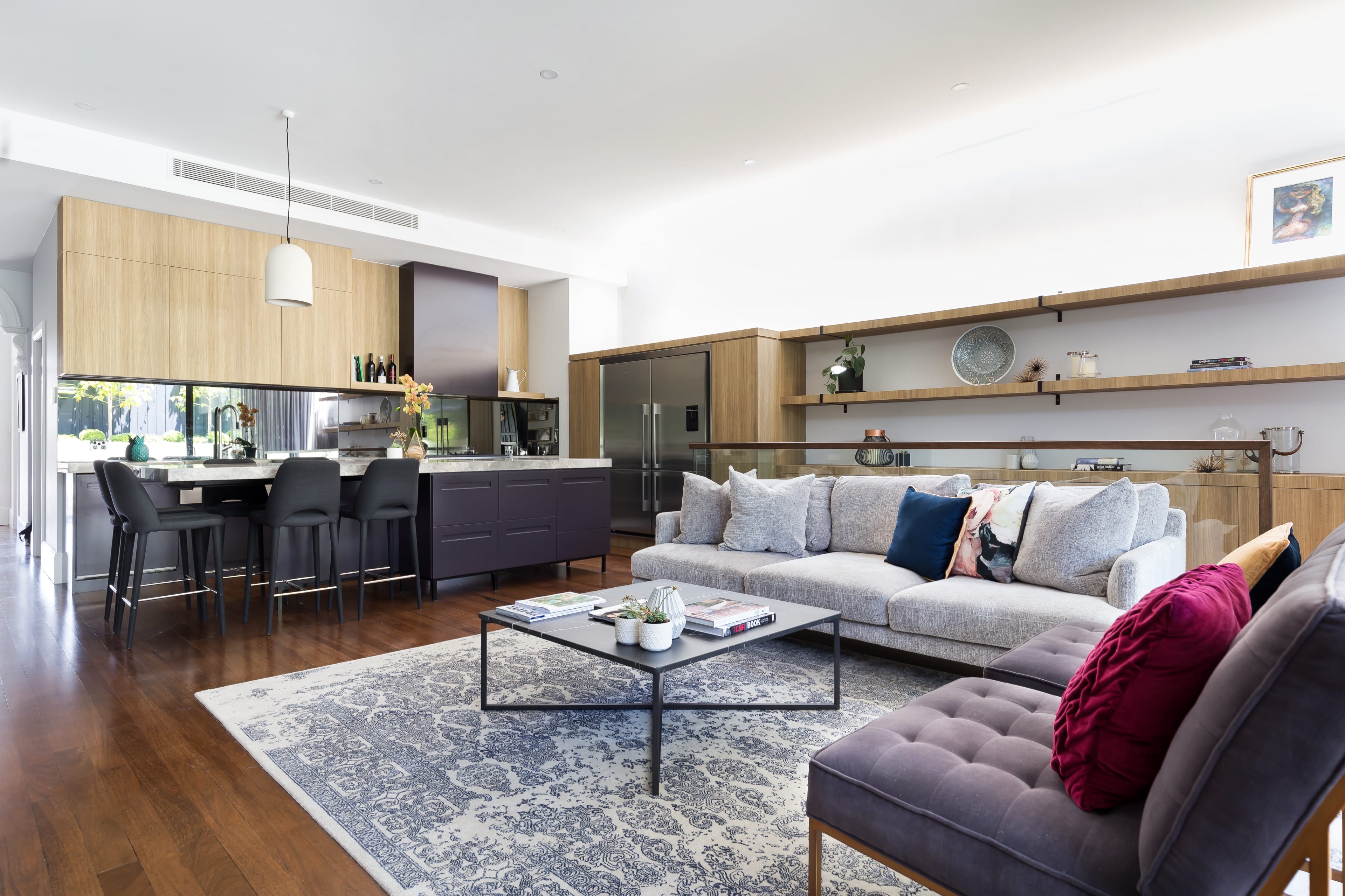Open-plan living with warm timber joinery, an Annandale home renovation.