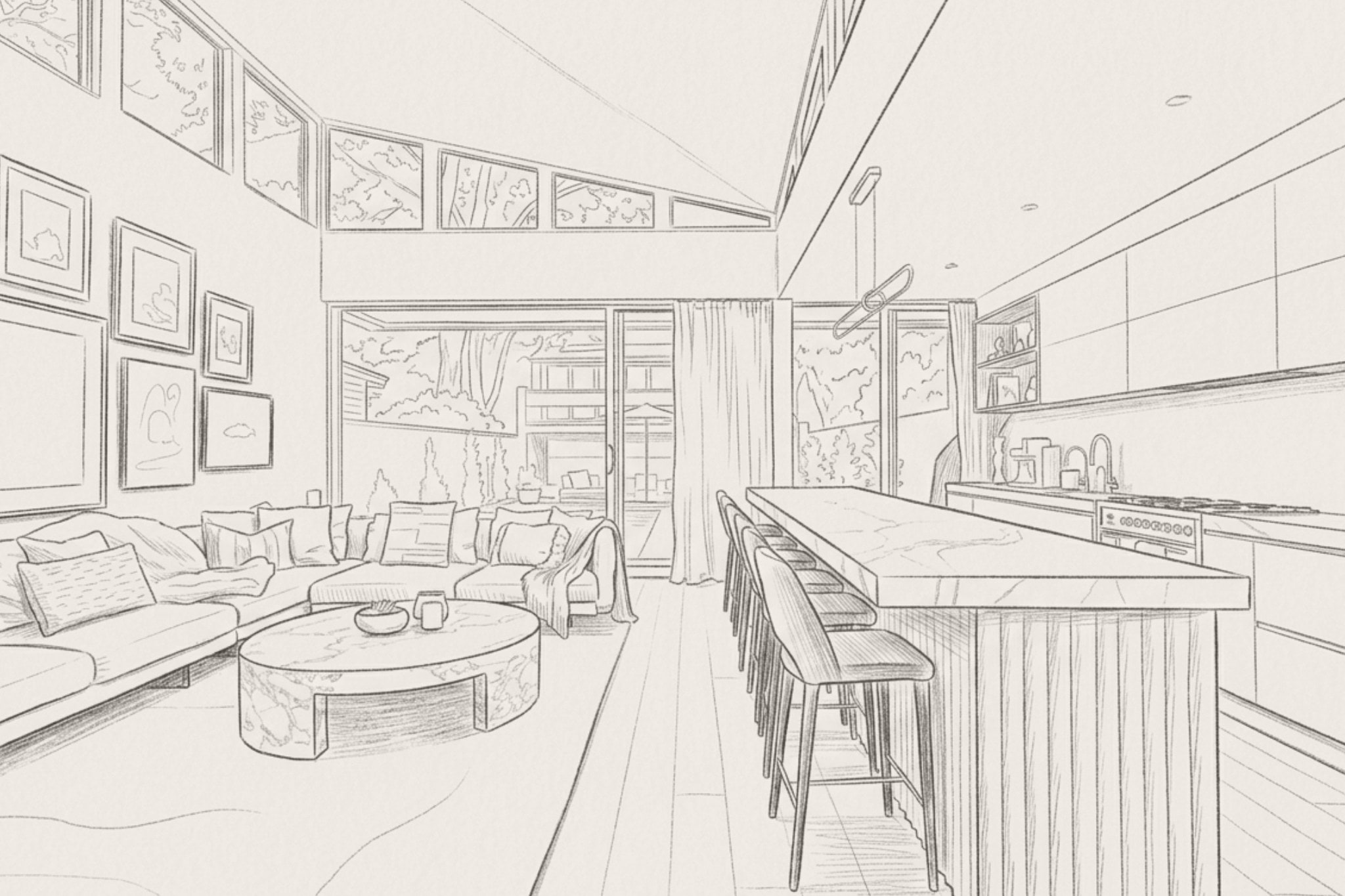 Hand-drawn concept sketch of the same open-plan living and kitchen by KBL Collective Co